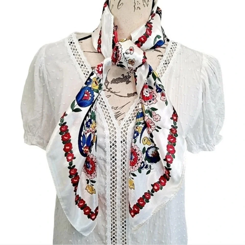 Satin Square Floral Scarf oversized Paisley white Boho hair neck 💖2/$30